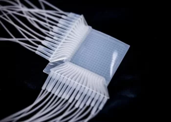 The pneumatic touchpad is made of soft silicone. It contains 32 channels, each only a few hundred micrometres wide, that adapt to touch. Pneumatic sensors can collect much data by touch. Credit: Jonne Renvall / Tampere University