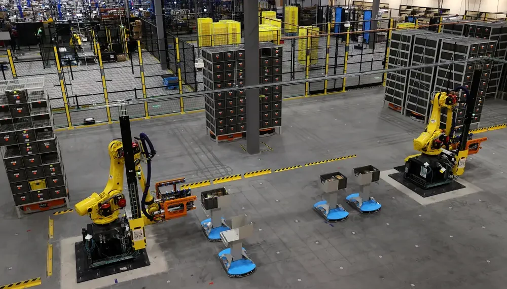 Interior of an Amazon Robotics innovation hub, highlighting automation strategy and workforce restructuring
